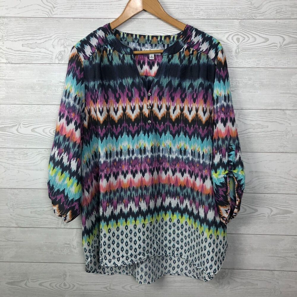 Kim Rogers Curvy Women's 1X Split Neck Chevron Print Blouse Roll Tab Sleeves